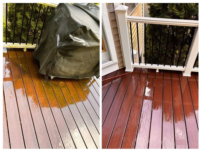 A before and after picture of a wooden deck with a grill cover on it.