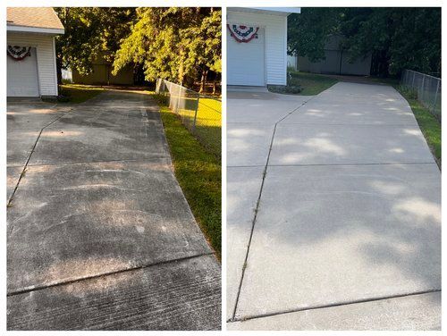 A before and after photo of a concrete driveway.