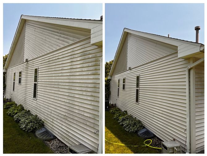 A before and after picture of a white house.