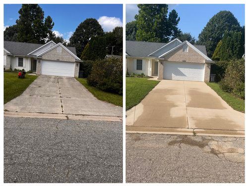 A before and after picture of a driveway in front of a house.