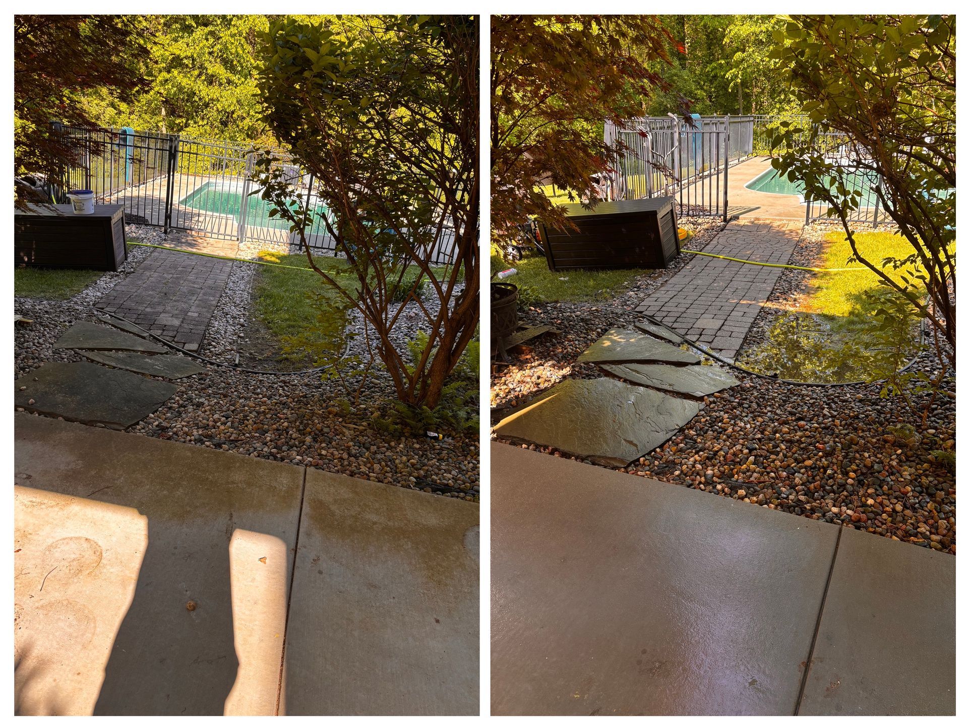Two pictures of a patio with a pool in the background