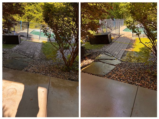 Two pictures of a patio with a pool in the background