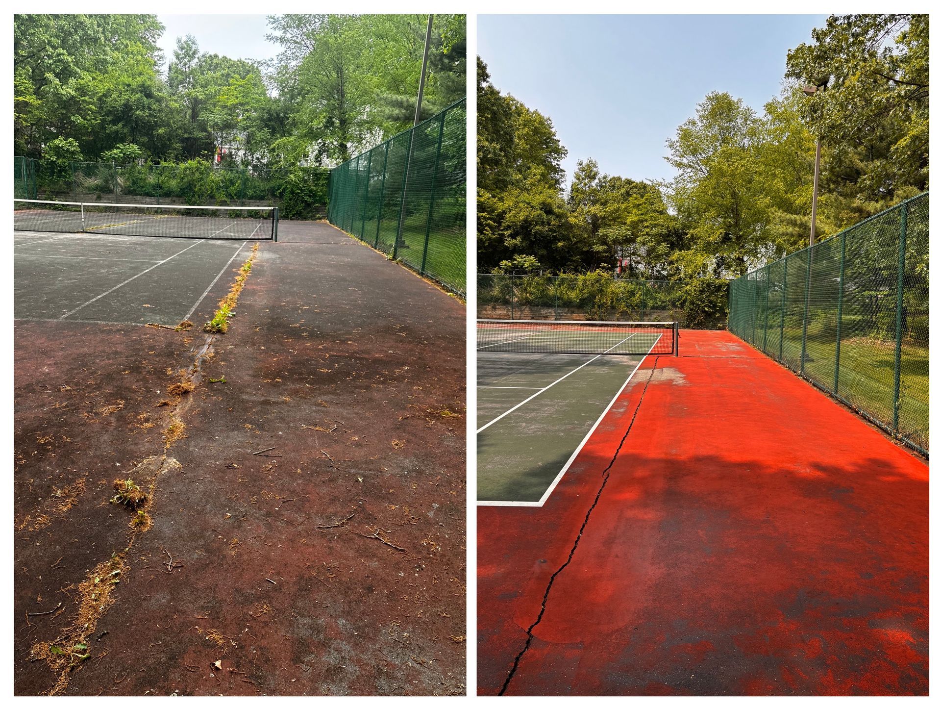 A before and after picture of a tennis court being painted red.