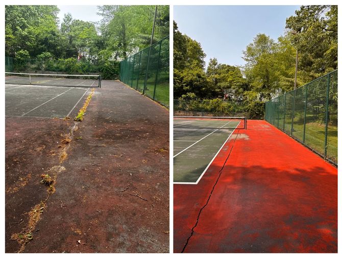 A before and after picture of a tennis court being painted red.