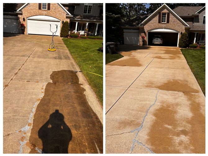 A before and after photo of a driveway being cleaned.