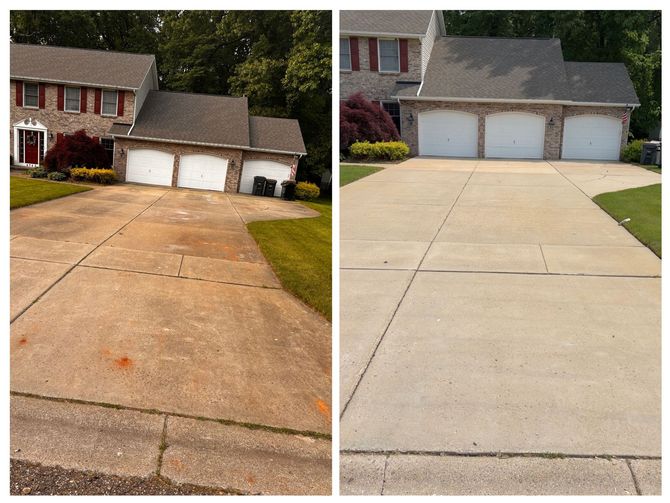 A before and after photo of a driveway in front of a house.