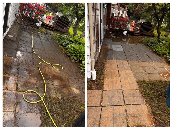 A before and after picture of a patio being cleaned with a hose.