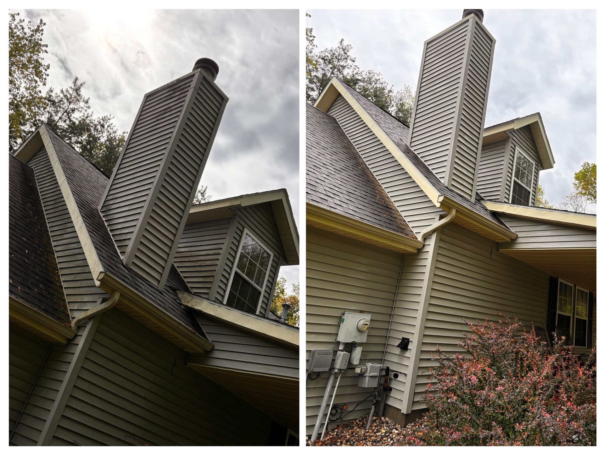 Two pictures of a house with a chimney on the side of it.