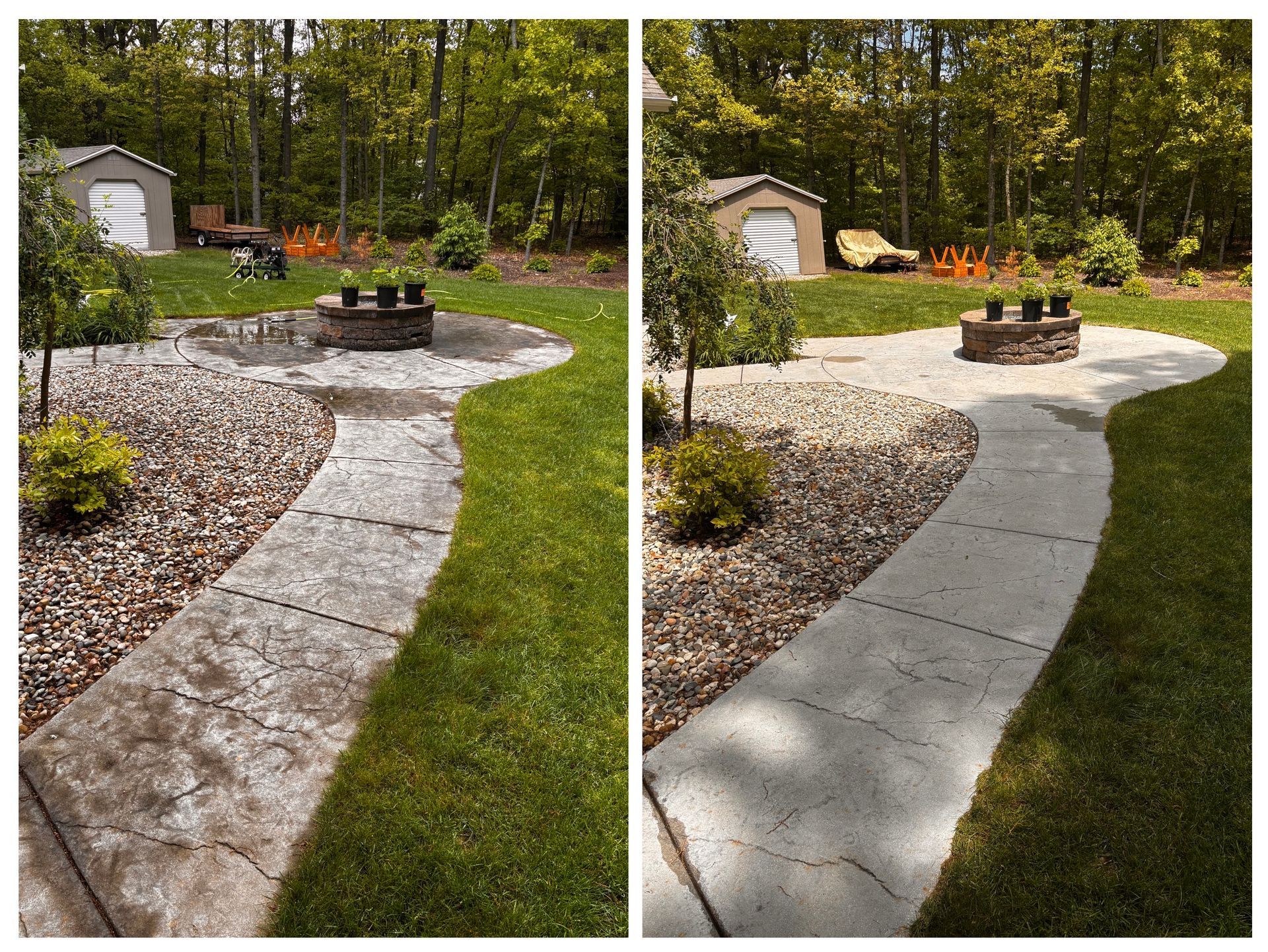 A before and after photo of a concrete walkway in a backyard.