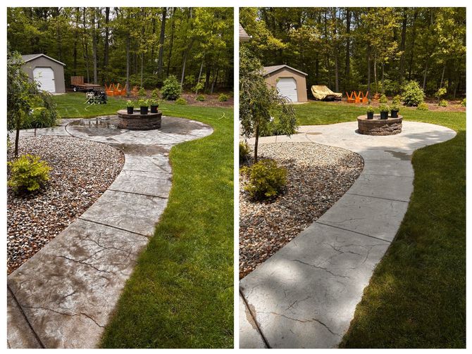 A before and after photo of a concrete walkway in a backyard.
