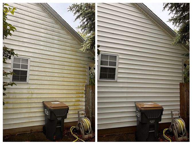 A before and after picture of a house 's siding being cleaned.