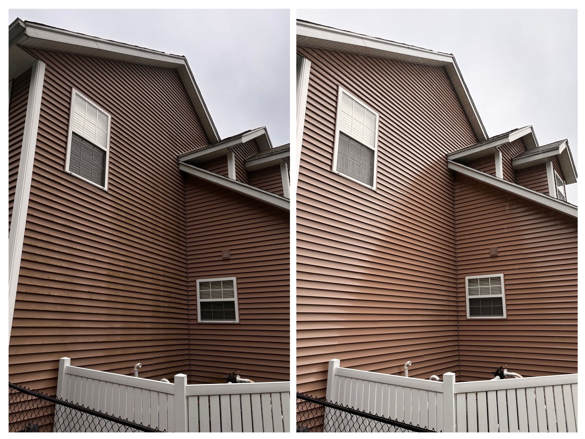 Two pictures of a house with a white fence in front of it.