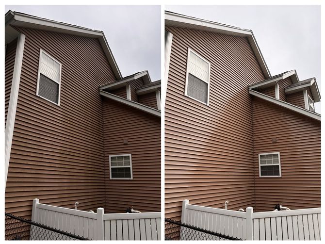 Two pictures of a house with a white fence in front of it.