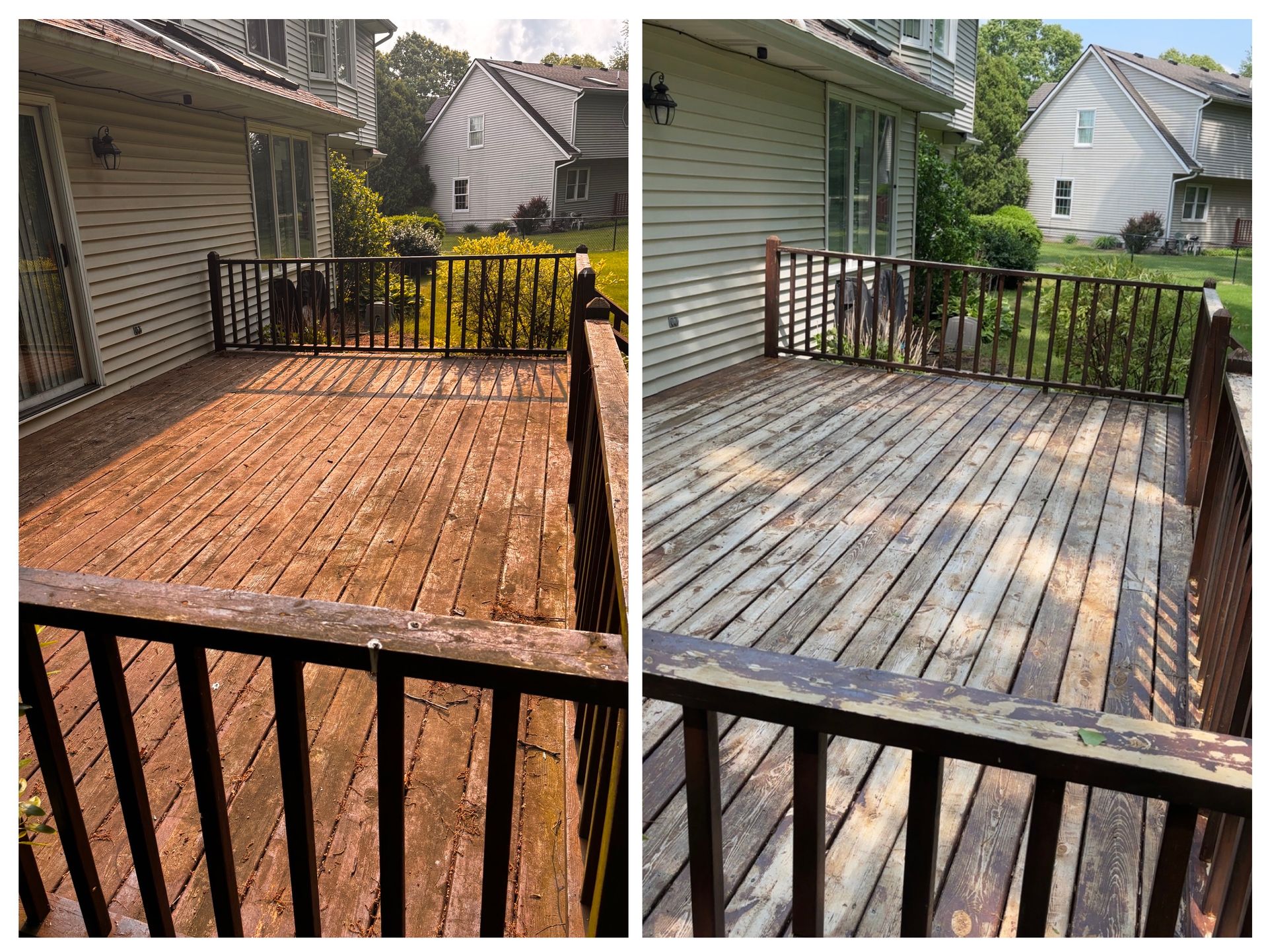 A before and after picture of a wooden deck being cleaned.