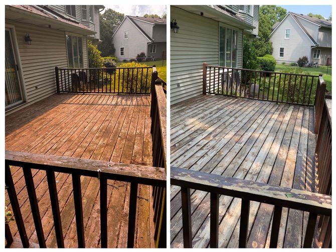 A before and after picture of a wooden deck being cleaned.