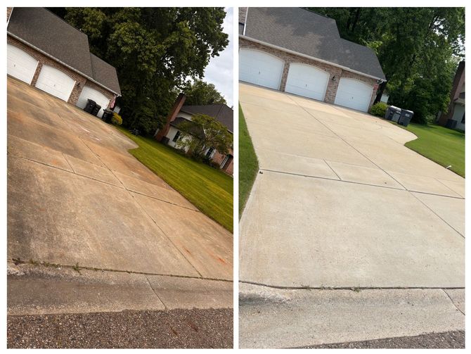 A before and after picture of a driveway that has been cleaned.