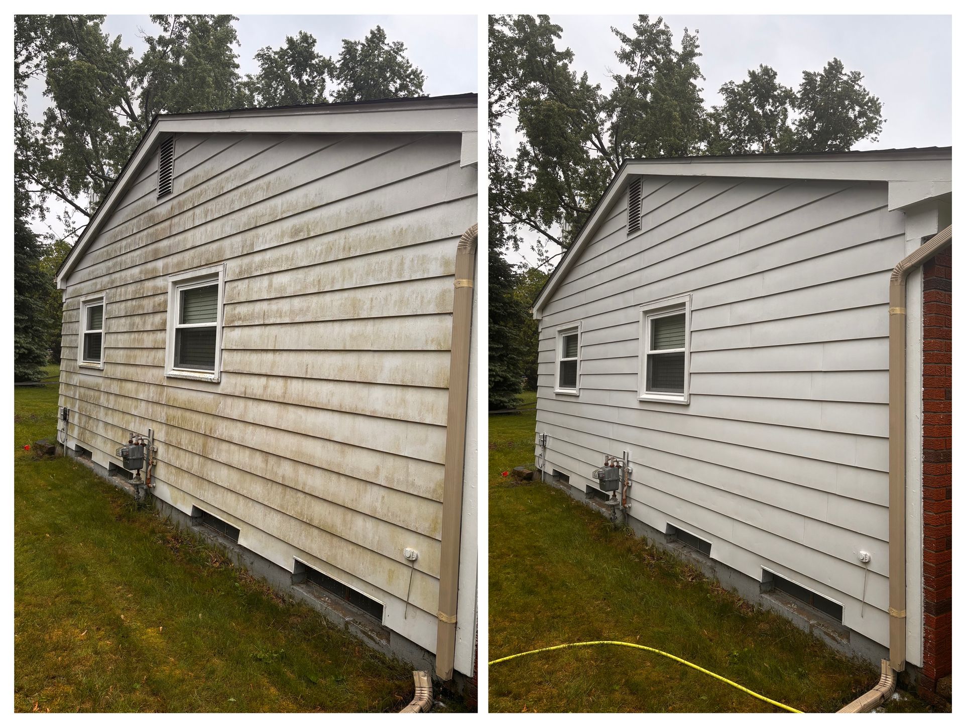 A before and after photo of a house 's siding being cleaned.