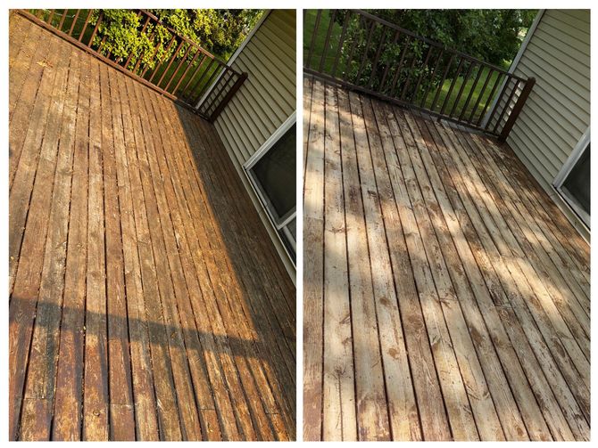 A before and after picture of a wooden deck.