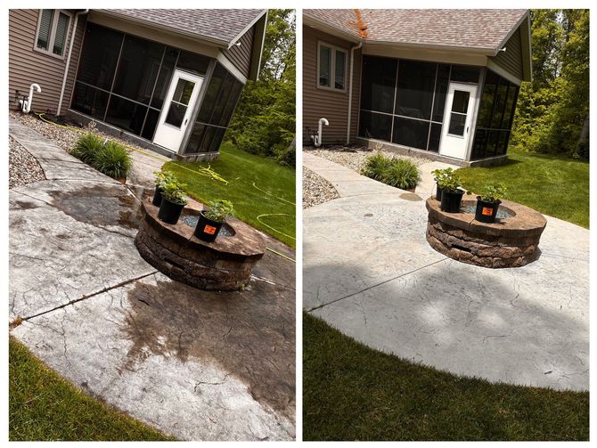 A before and after picture of a patio in front of a house.
