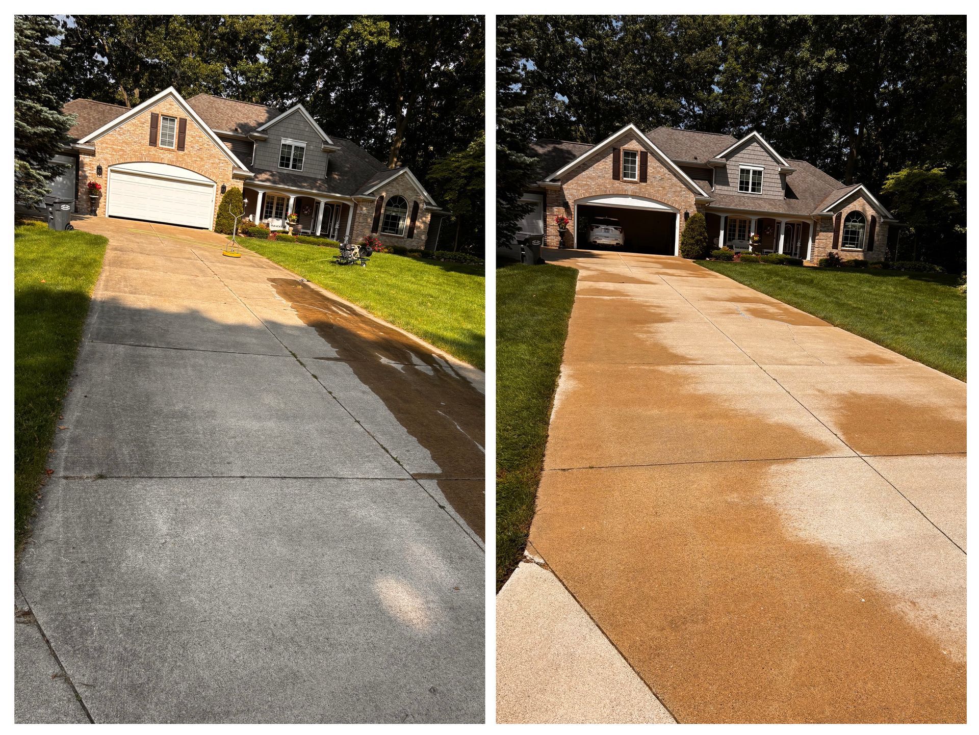 A before and after picture of a driveway being cleaned.