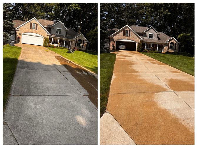 A before and after picture of a driveway being cleaned.