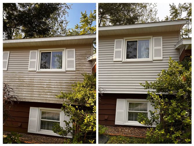 A before and after picture of a house with white siding and white shutters.