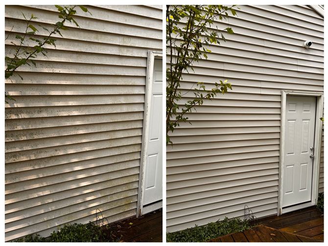 A before and after picture of a house siding being cleaned.