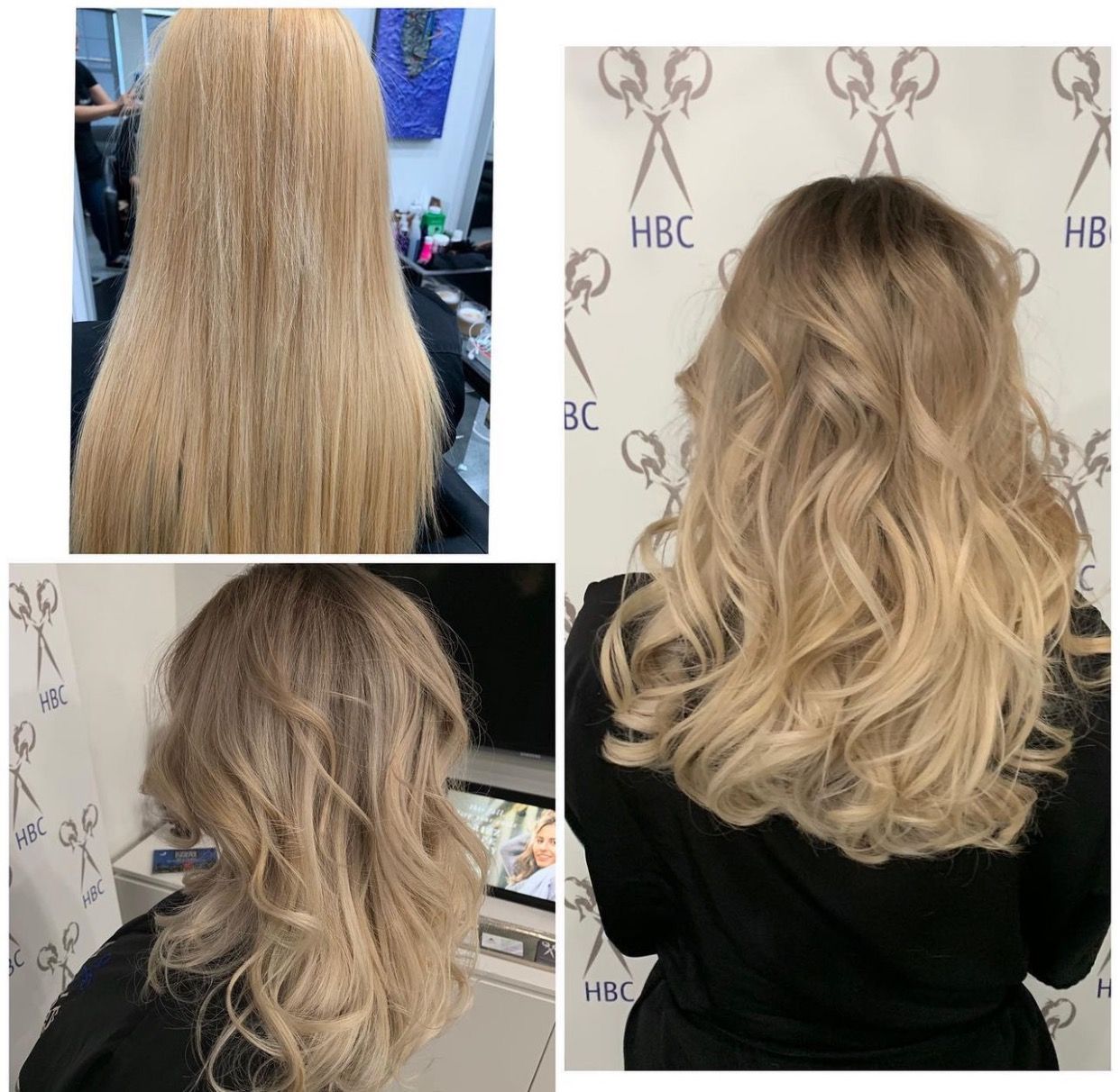Rows of wavy hair strands in blonde, black, brown, and copper tones