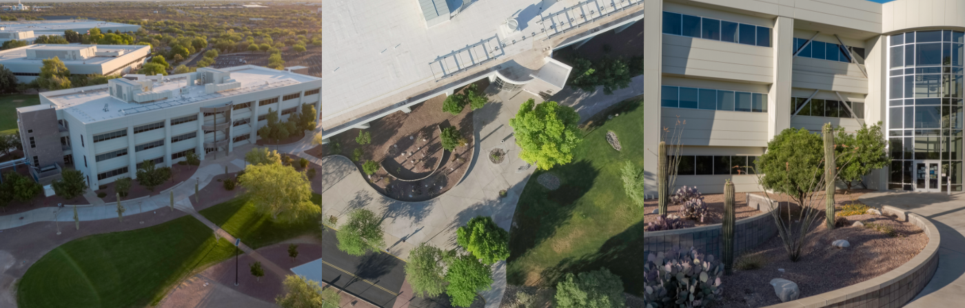 an aerial view of a large white building with a lot of windows