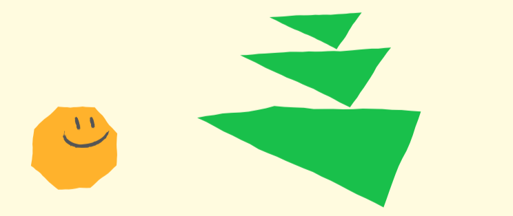 Orange octagon with a smiling face next to green triangles stacked to resemble a tree.