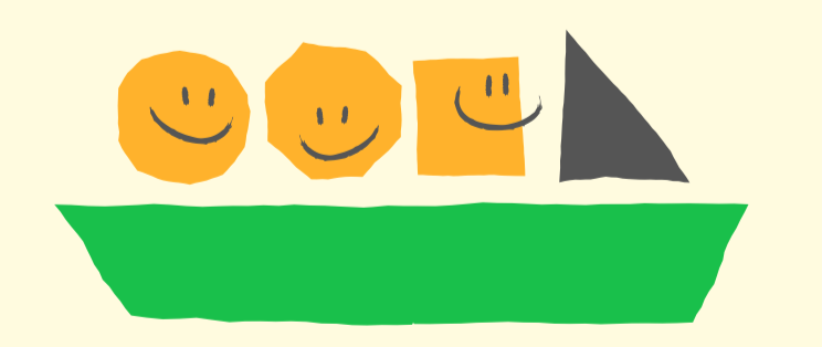 Shapes with smiling faces in a green boat on a beige background.