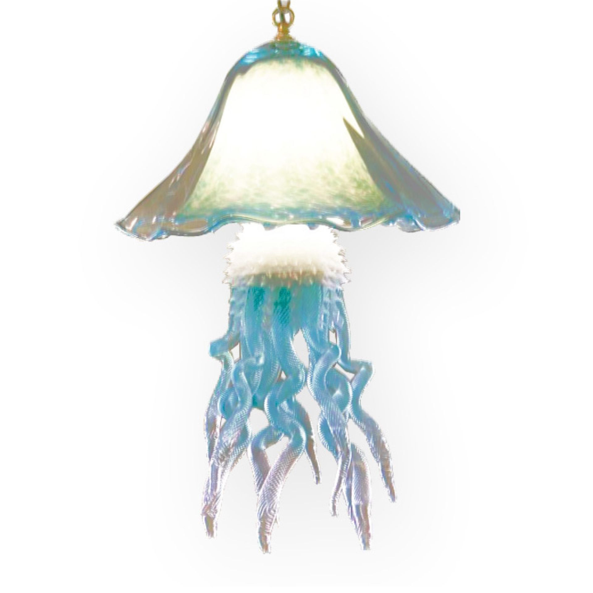 a blue jellyfish lamp hanging from the ceiling