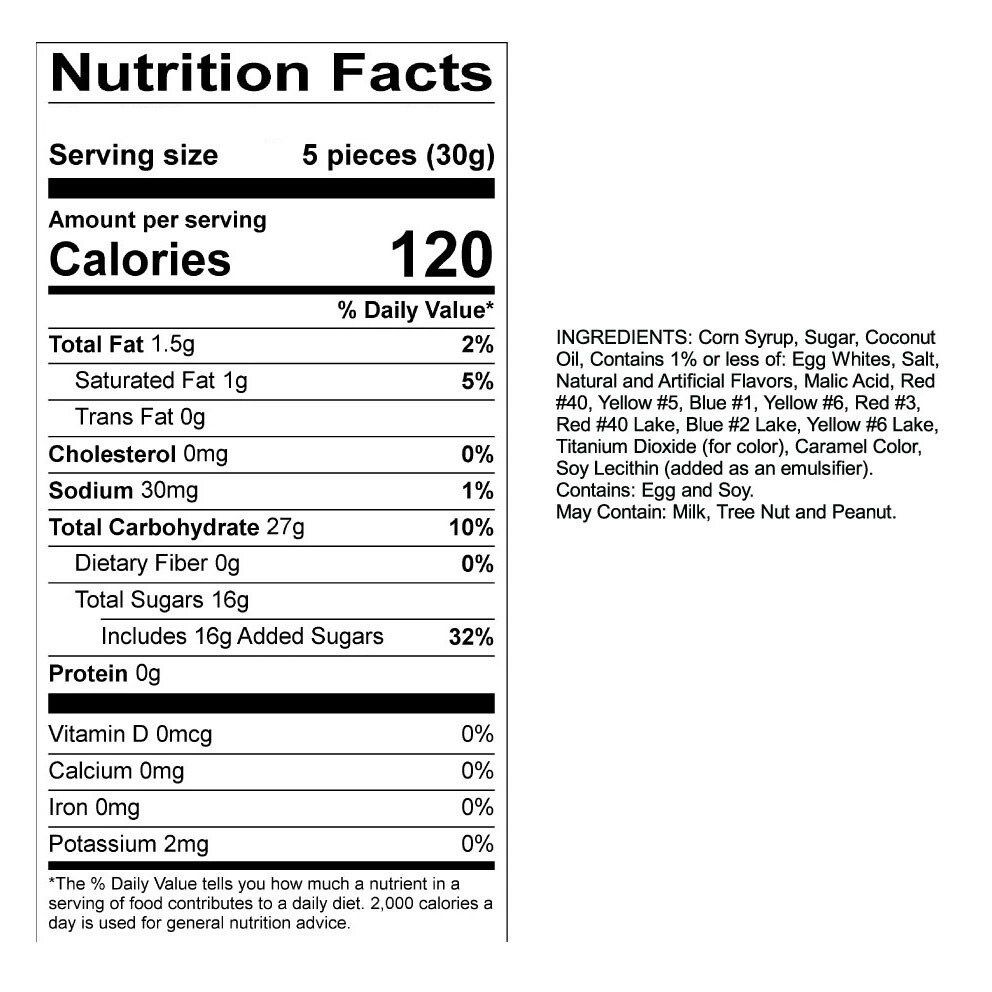 a nutrition facts label for a salt water taffy candy with a serving size of 5 pieces .