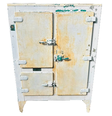 A white cabinet with two doors and a green latch