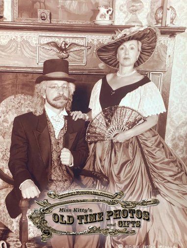 a sepia photo of a man and woman taken by Miss Kitty's Old Time Photos