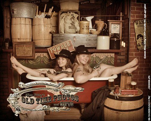 two cowgirls in a bathtub posing for a photo - Miss Kitty's Old Time Photos and Gifts    Corolla Outer Banks NC