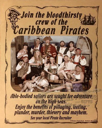 a poster that says join the bloodthirsty crew of the caribbean pirates