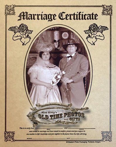 a marriage certificate with a picture of a bride and groom - Miss Kitty's Old Time Photos and Gifts    Corolla Outer Banks NC