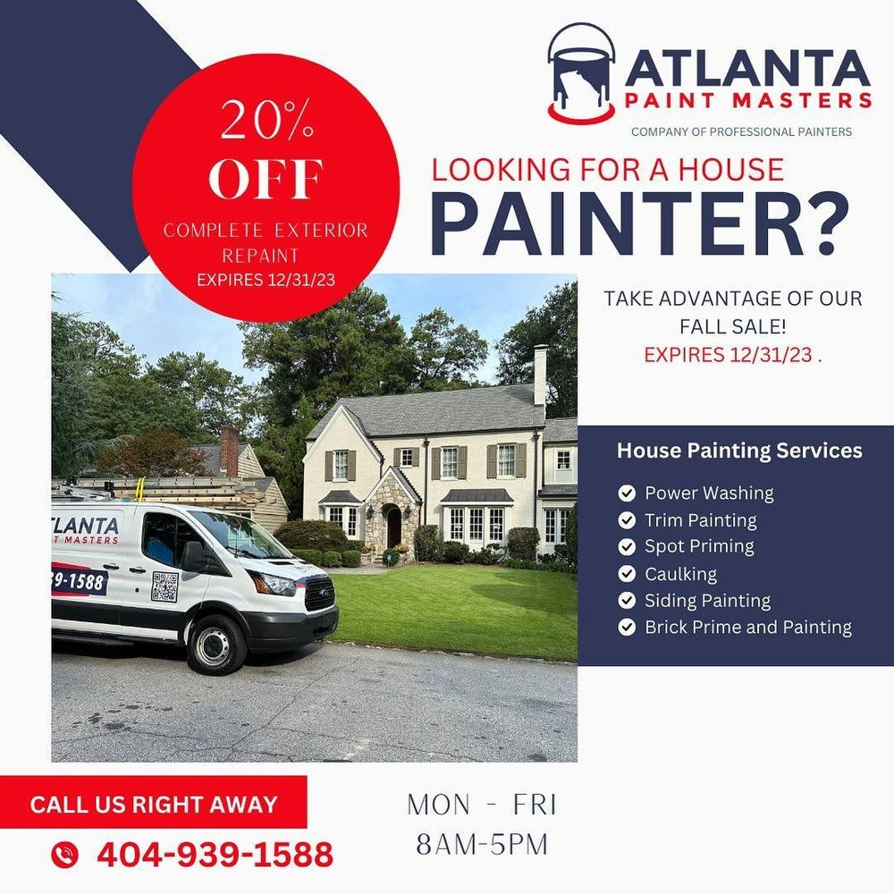 An advertisement for atlanta paint masters looking for a house painter