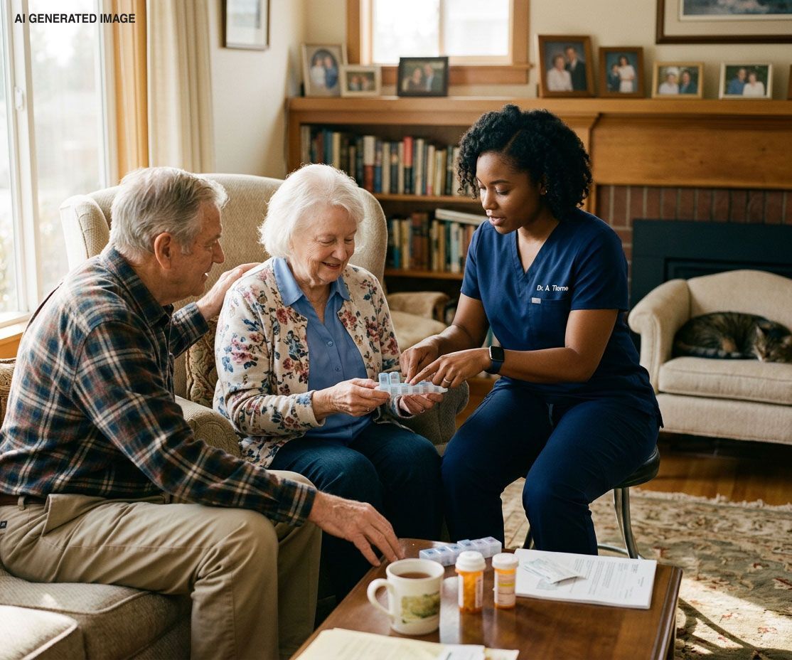 Caregiver showing a tablet to an elderly couple in a cozy living room