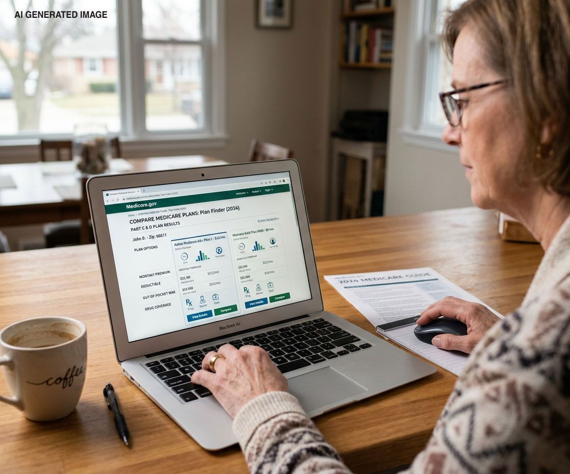 Person using a laptop at a desk in a bright home office, viewing a website or dashboard.