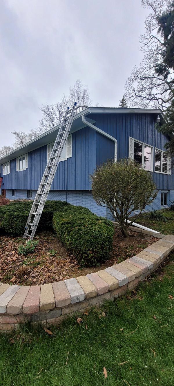 A blue house with a ladder leaning against it.