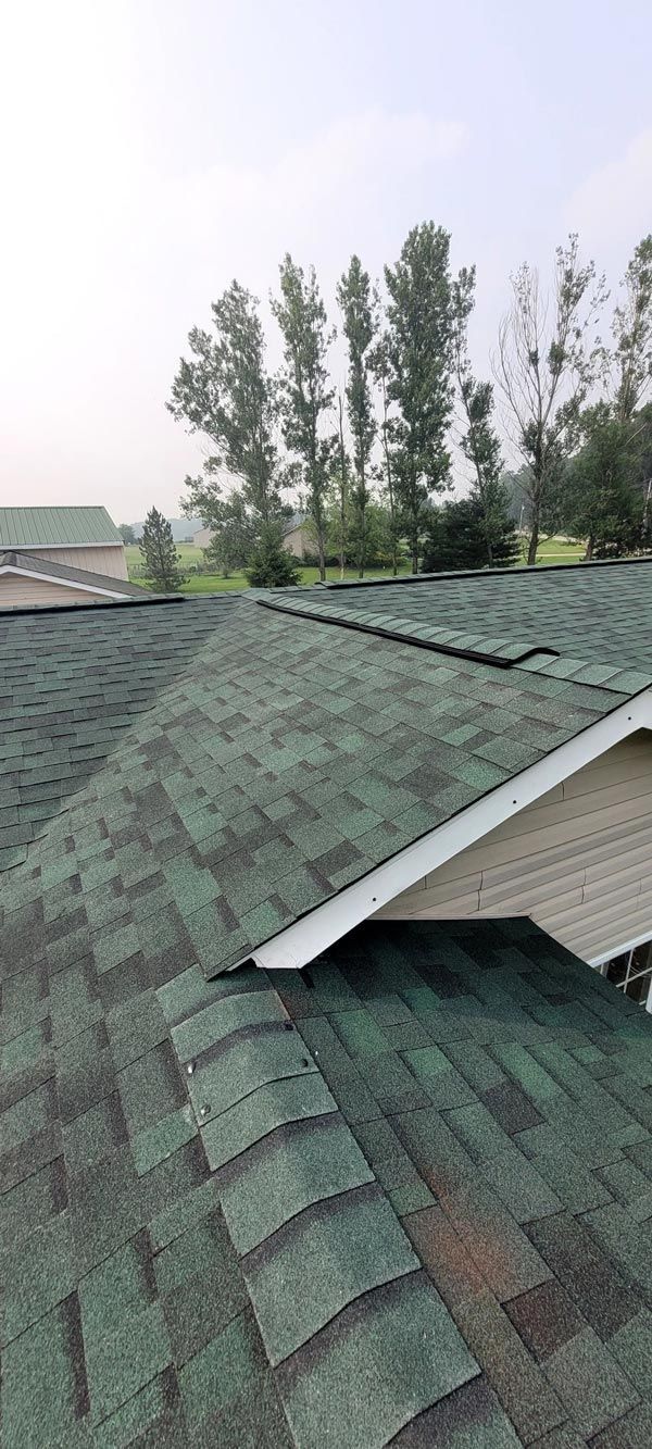 A close up of a chateau green roof with trees in the background.