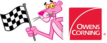 A pink panther is holding a checkered flag and is a preferred contractor.