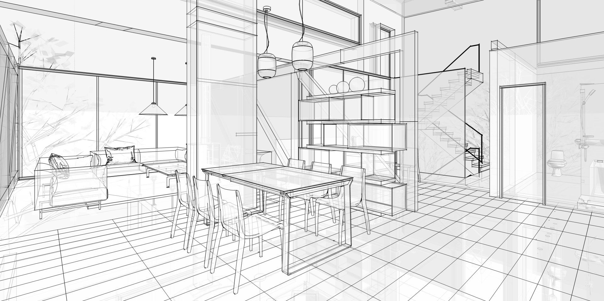 house, interior, sketch, 3d illustration