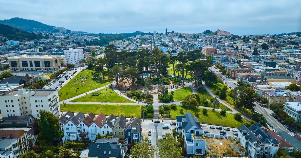 Aerial view of San Francisco park, with green trees, grass, and surrounding buildings under a cloudy sky.