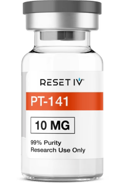 Small vial labeled “RESET IV Sermorelin” with a teal-and-white label and silver cap.