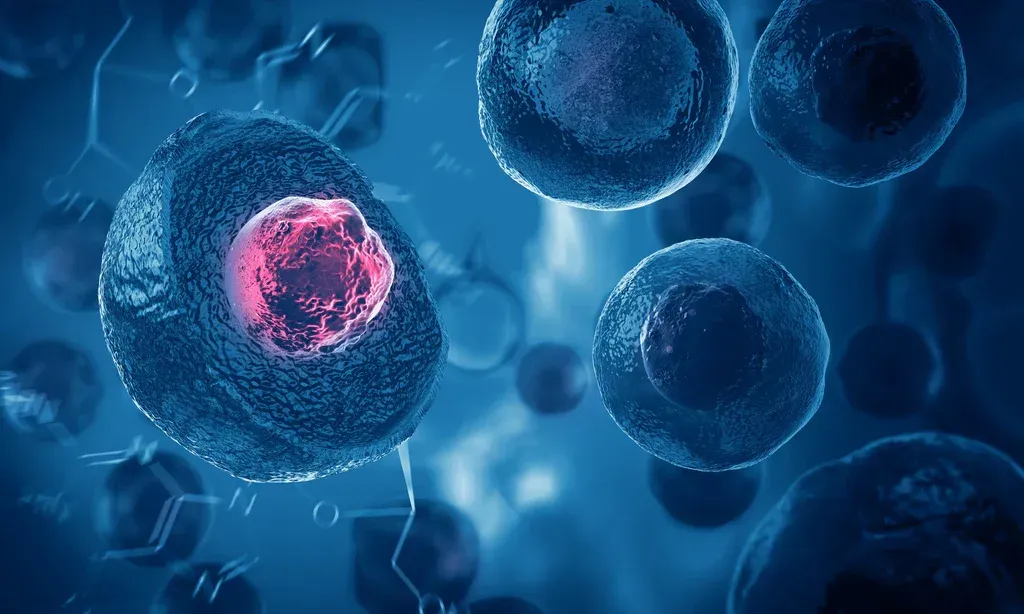 Blue microscopic cells with a glowing pink nucleus, floating in a scientific close-up.