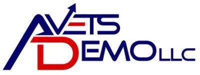 Logo for AVETS DEMO LLC: blue and red text, arrow pointing up.
