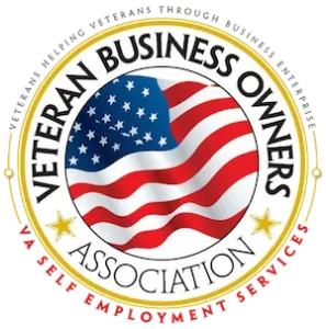 Logo for Veteran Business Owners Association: American flag inside a gold-rimmed circular design with text.